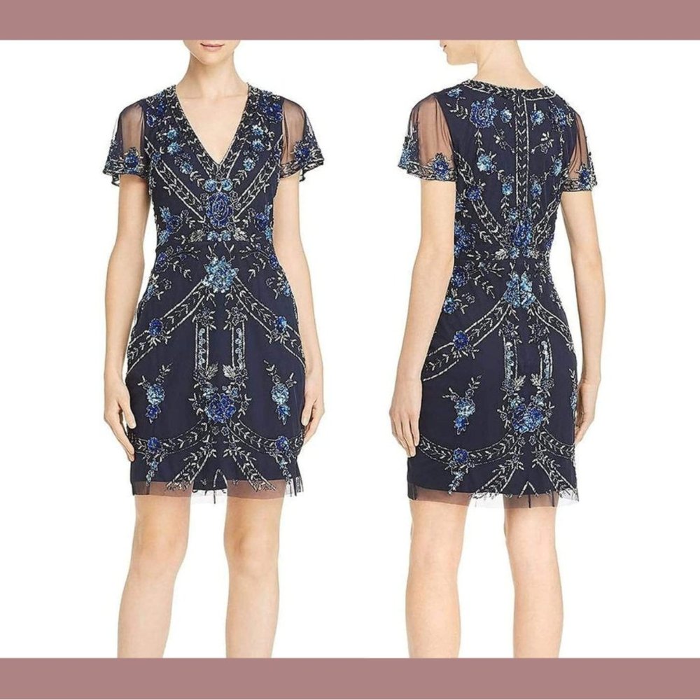NWT $372 Aidan Mattox [ 0 ] Embellished V-Neck Cocktail‎ Dress in Twilight BLUE